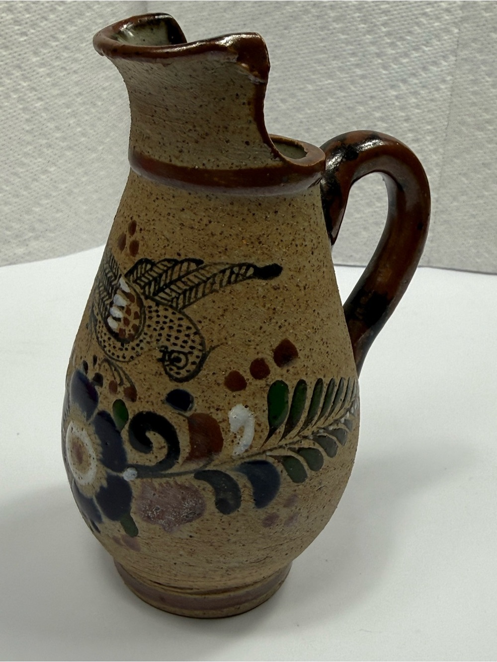 Tonala Mexican Pottery 5 1/4" Hand Painted Pitcher w/Bird Signed